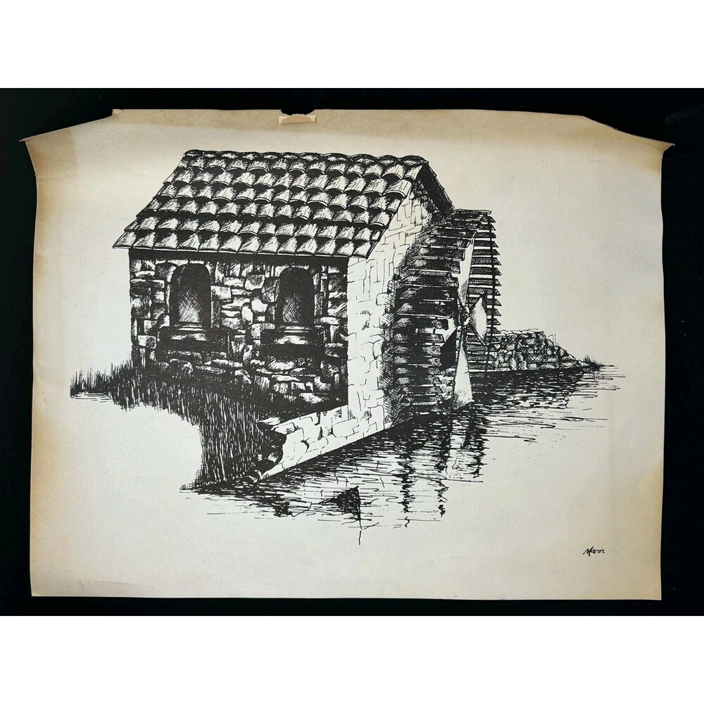 Vintage Marine "Old Water Mill Scene Art" Signed Print of Pencil Drawing